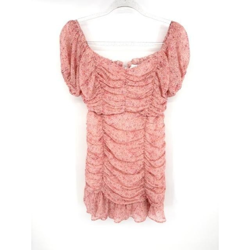 Astr The Label Pink Floral Ruched Mini Dress Short‎ Puff Sleeve Sweetheart Neck